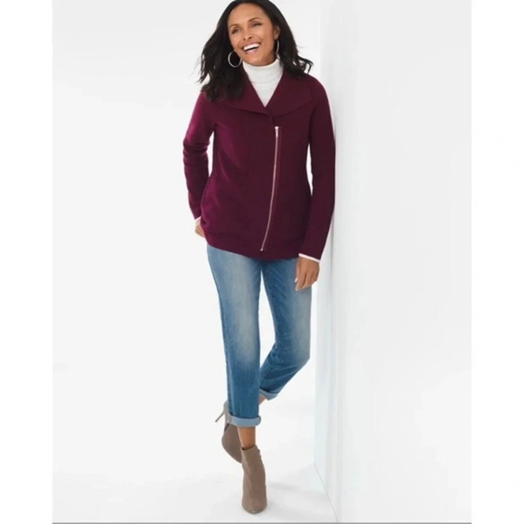 Chico’s Red Wine Boiled Wool Zip Up Moto Jacket Sweater size 0 - Picture 3 of 9